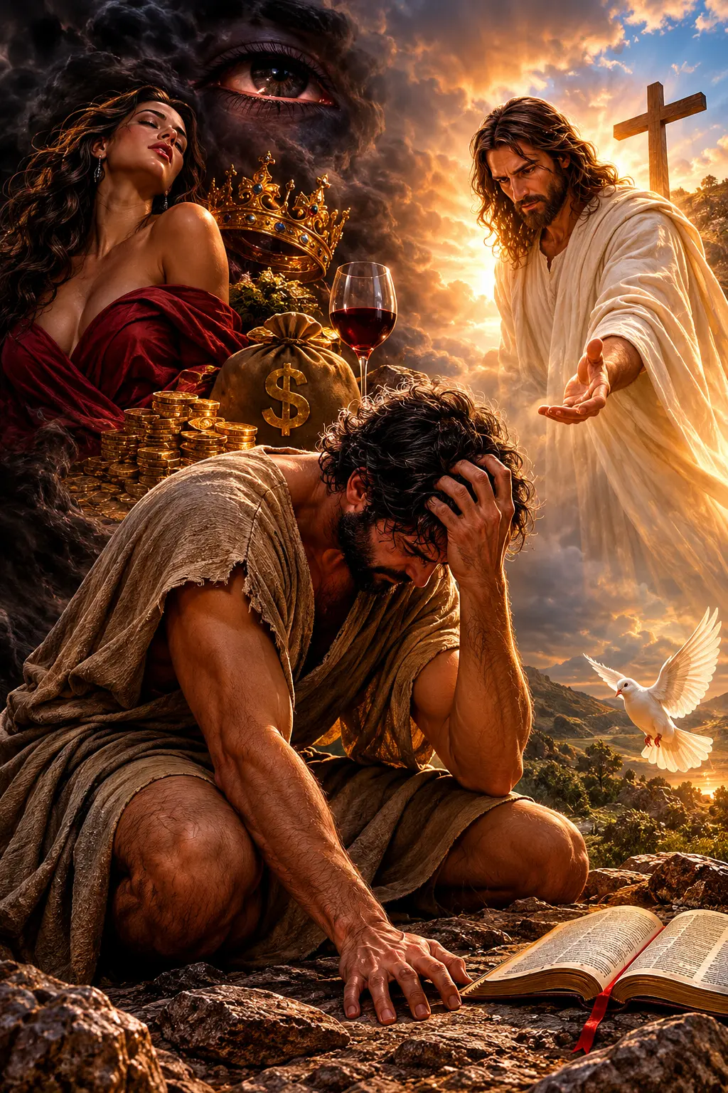 Representação artística de um homem prostrado entre as seduções do mundo e a mão estendida de Cristo