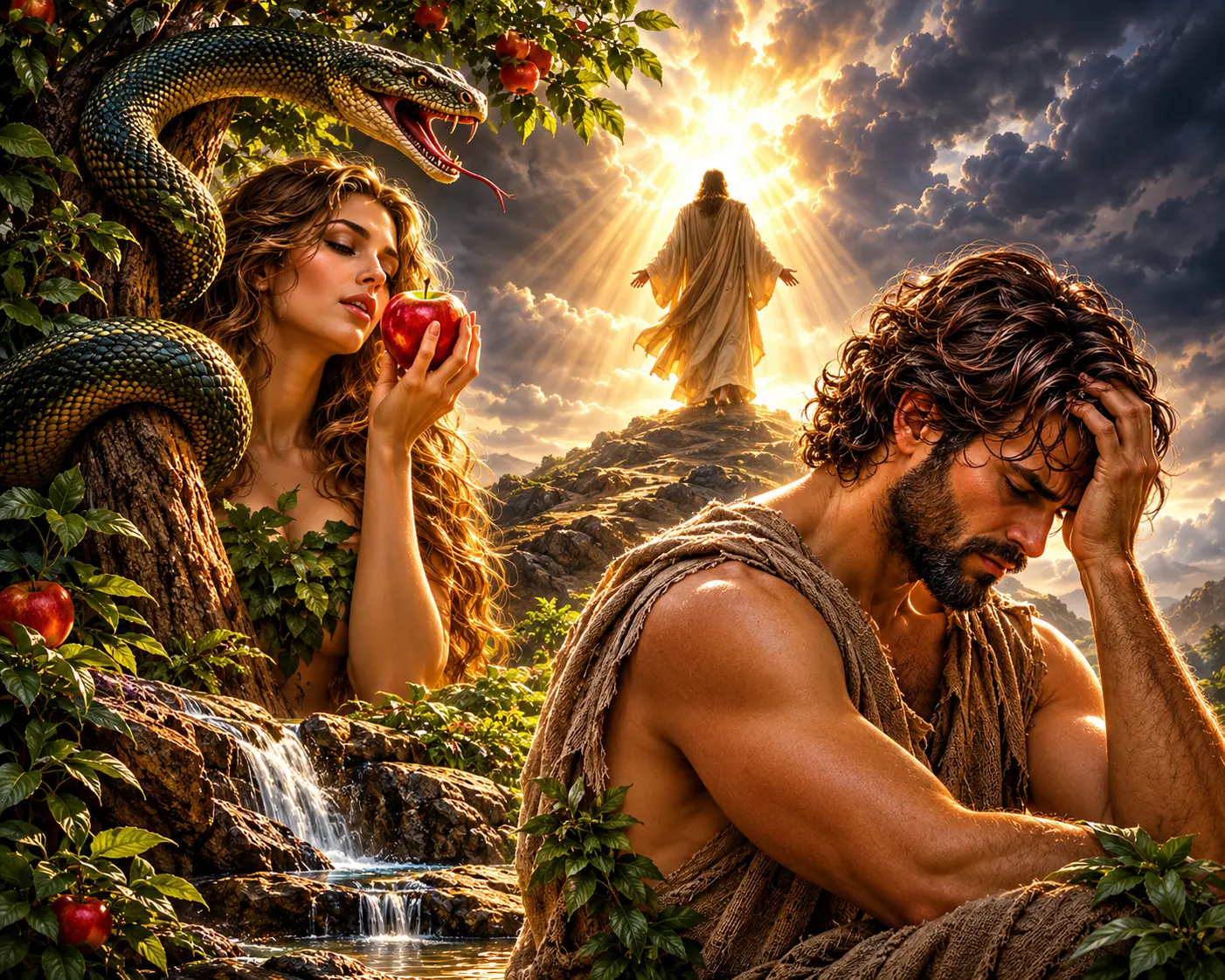 Representação artística do jardim do Éden, com a mulher, a serpente e um homem abatido, sob luz celeste